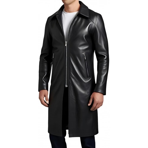 Trois quart long en cuir d'agneau noir fermeture par zip sur l'avant modèle Gilou