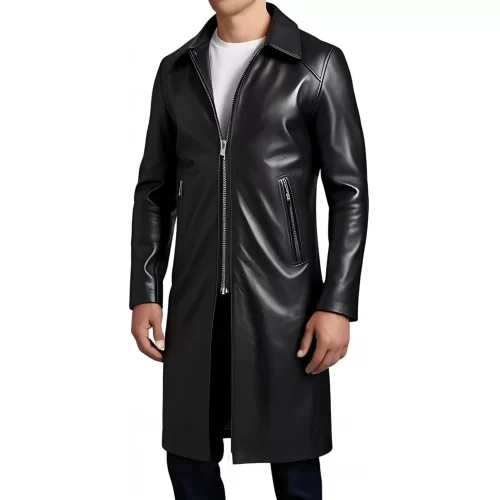 Trois quart long en cuir d'agneau noir fermeture par zip sur l'avant modèle Gilou
