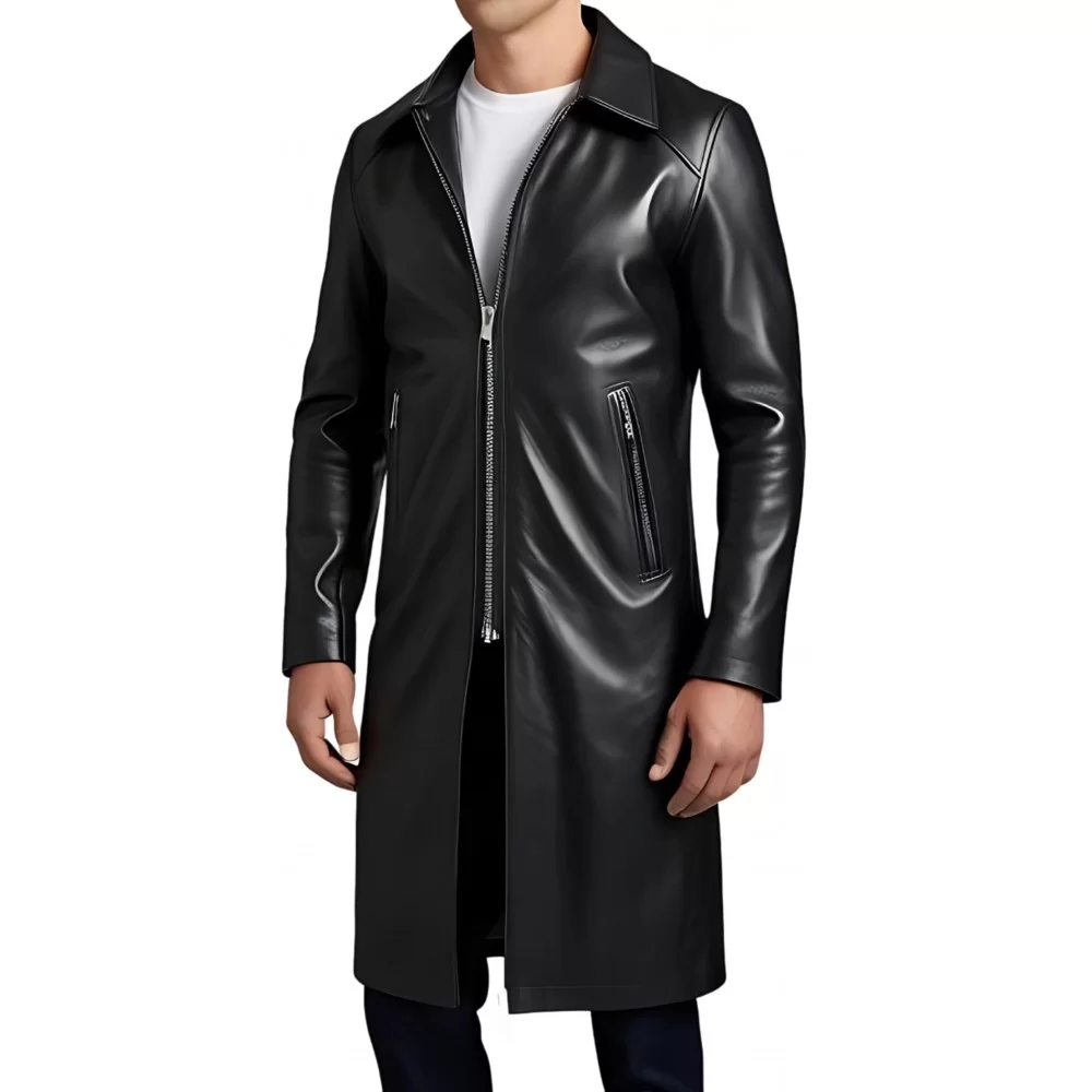 Trois quart long en cuir d'agneau noir fermeture par zip sur l'avant modèle Gilou