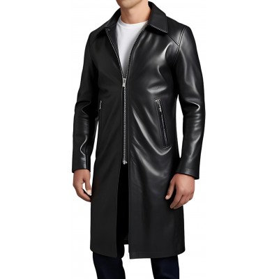 Trois quart long en cuir d'agneau noir fermeture par zip sur l'avant modèle Gilou