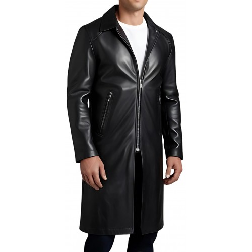 Trois quart long en cuir d'agneau noir fermeture par zip sur l'avant modèle Gilou