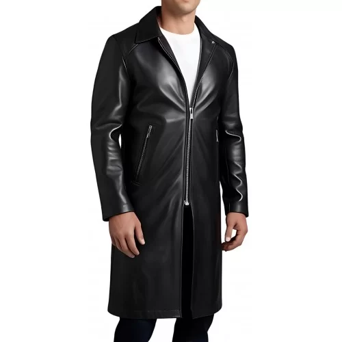 Trois quart long en cuir d'agneau noir fermeture par zip sur l'avant modèle Gilou
