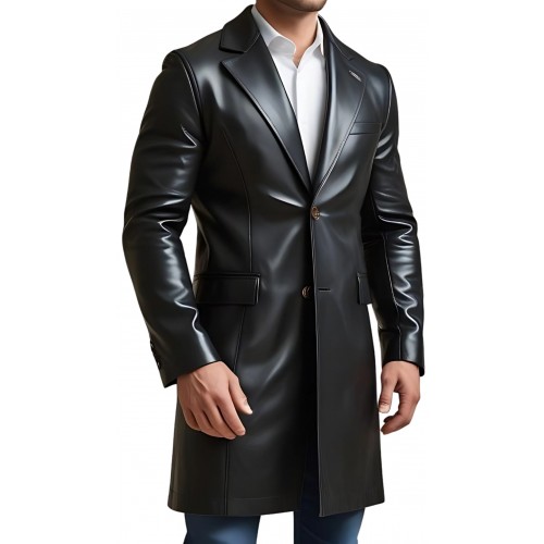 Trois quart long redingote en cuir d'agneau noir modèle Jonace