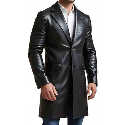 Trois quart long redingote en cuir d'agneau noir modèle Jonace