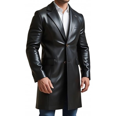 Trois quart long redingote en cuir d'agneau noir modèle Jonace