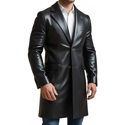 Trois quart long redingote en cuir d'agneau noir modèle Jonace