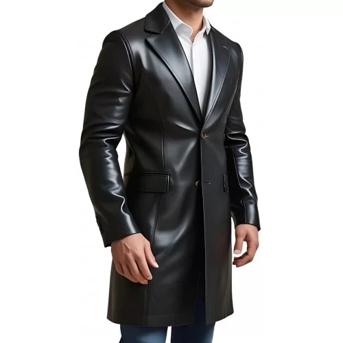Trois quart long redingote en cuir d'agneau noir modèle Jonace