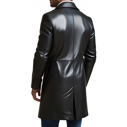 Trois quart long redingote en cuir d'agneau noir modèle Jonace