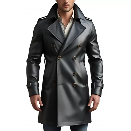 Trench trois quart long en cuir d'agneau noir fermeture par boutons modèle Zilio