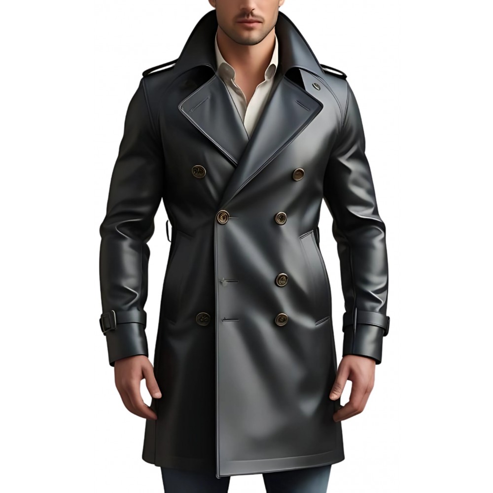 Trench trois quart long en cuir d'agneau noir fermeture par boutons modèle Zilio
