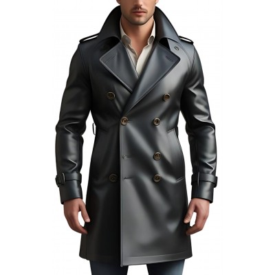Trench trois quart long en cuir d'agneau noir fermeture par boutons modèle Zilio