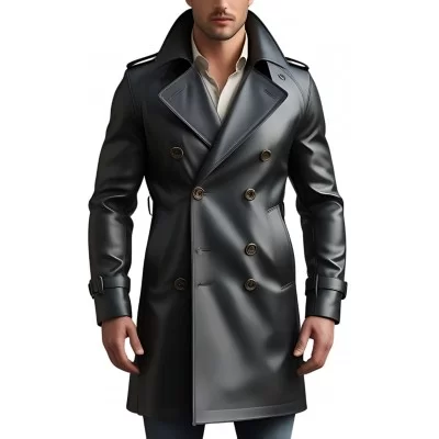Trench trois quart long en cuir d'agneau noir fermeture par boutons modèle Zilio