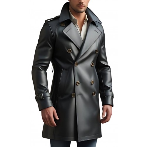 Trench trois quart long en cuir d'agneau noir fermeture par boutons modèle Zilio