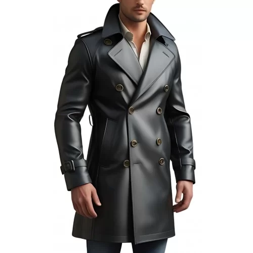 Trench trois quart long en cuir d'agneau noir fermeture par boutons modèle Zilio