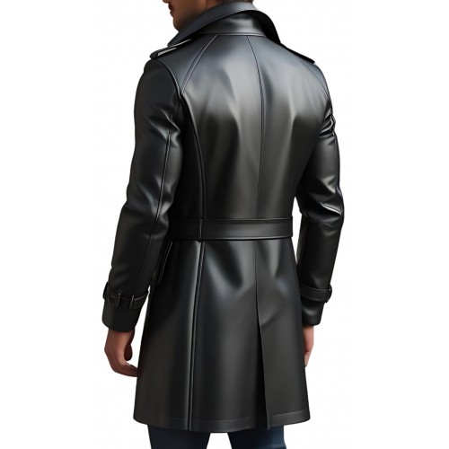 Trench trois quart long en cuir d'agneau noir fermeture par boutons modèle Zilio