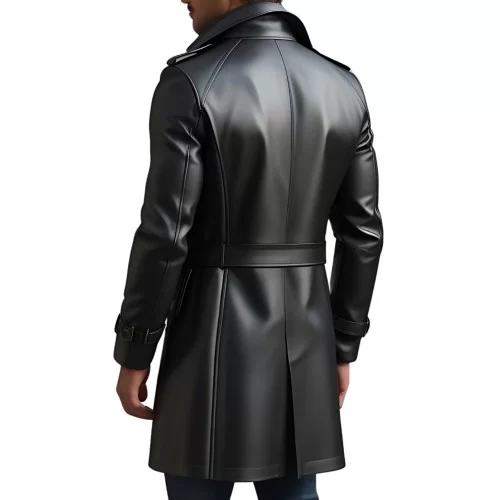 Trench trois quart long en cuir d'agneau noir fermeture par boutons modèle Zilio