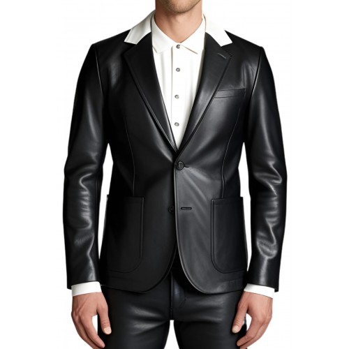 Blazer cuir homme en agneau noir avec col en cuir blanc modèle Batiste