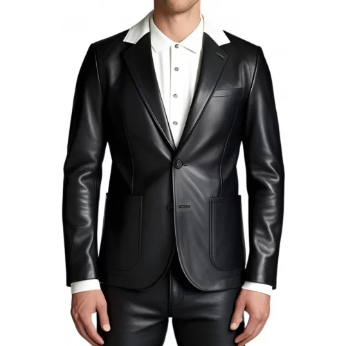 Blazer cuir homme en agneau noir avec col en cuir blanc modèle Batiste