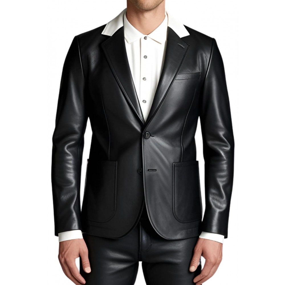 Blazer cuir homme en agneau noir avec col en cuir blanc modèle Batiste