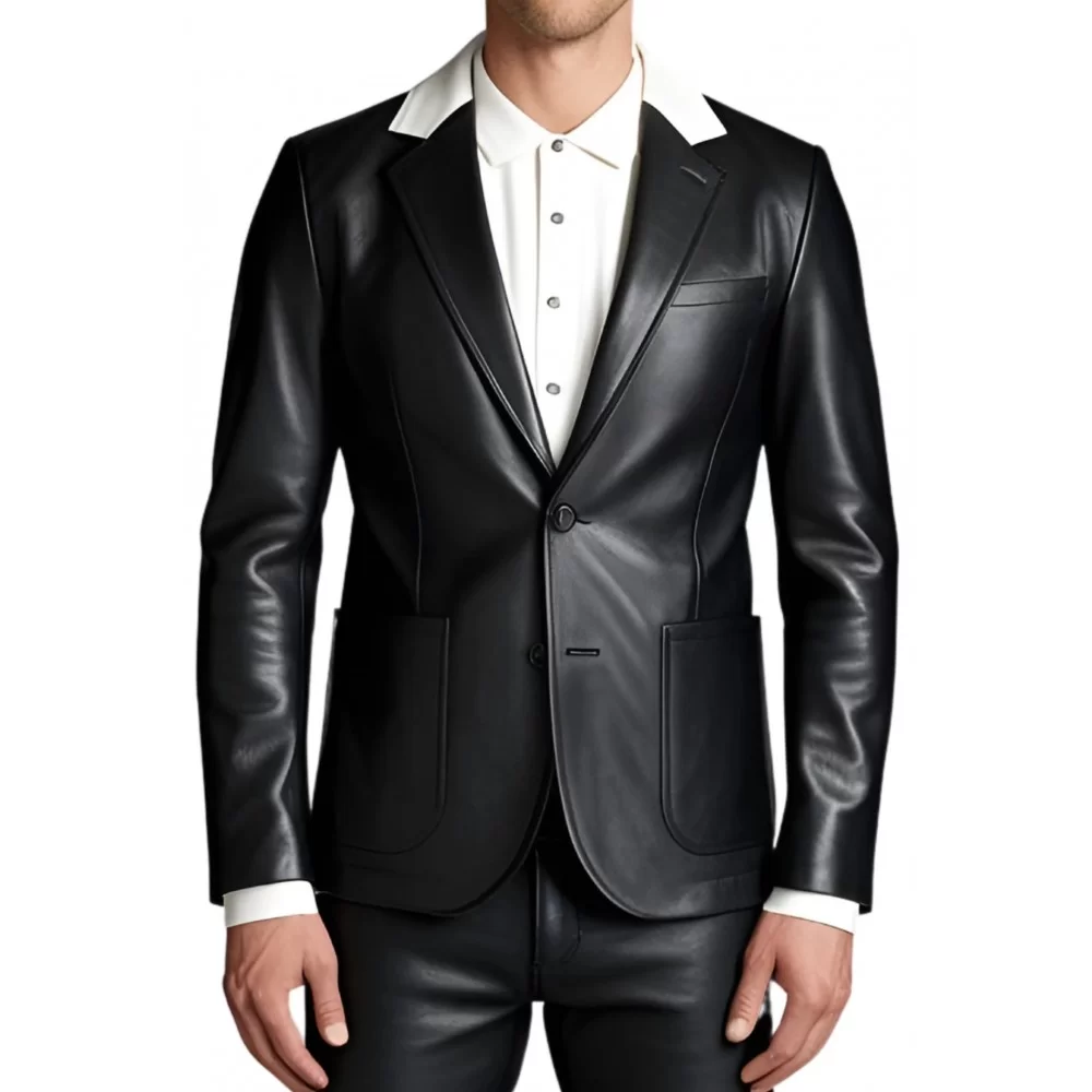 Blazer cuir homme en agneau noir avec col en cuir blanc modèle Batiste