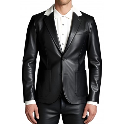 Blazer cuir homme en agneau noir avec col en cuir blanc modèle Batiste