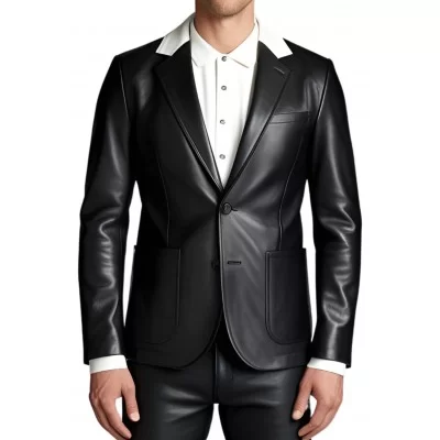 Blazer cuir homme en agneau noir avec col en cuir blanc modèle Batiste