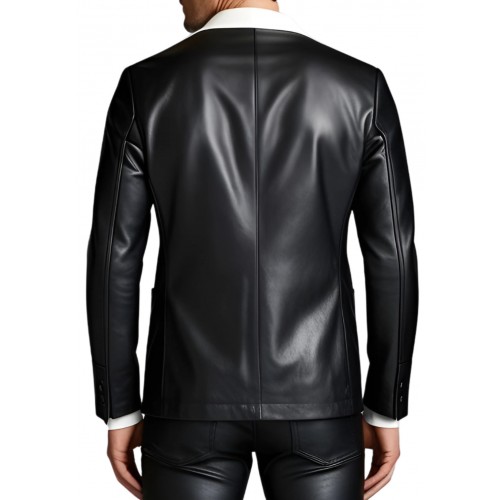 Blazer cuir homme en agneau noir avec col en cuir blanc modèle Batiste
