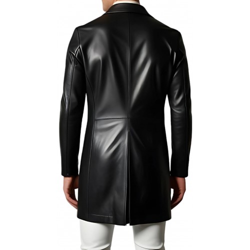 Redingote homme en cuir d'agneau noir fermeture sur l'avant par boutons modèle Polon