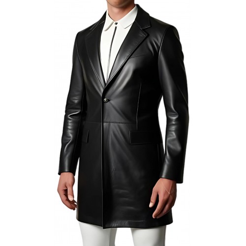 Redingote homme en cuir d'agneau noir fermeture sur l'avant par boutons modèle Polon