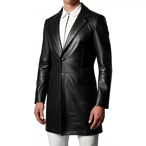 Redingote homme en cuir d'agneau noir fermeture sur l'avant par boutons modèle Polon