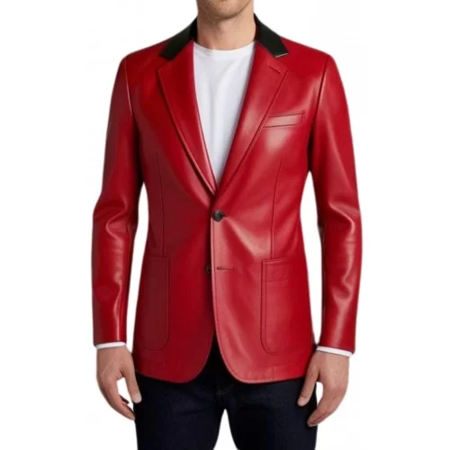 Blazer cuir homme en agneau rouge avec col en cuir noir modèle Norveto