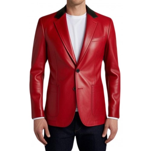 Blazer cuir homme en agneau rouge avec col en cuir noir modèle Norveto