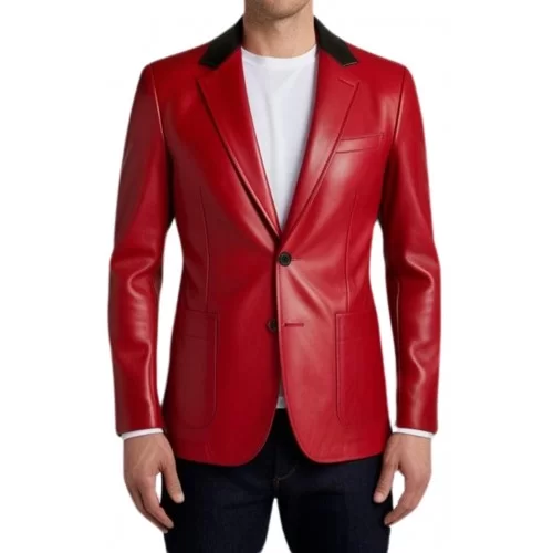 Blazer cuir homme en agneau rouge avec col en cuir noir modèle Norveto