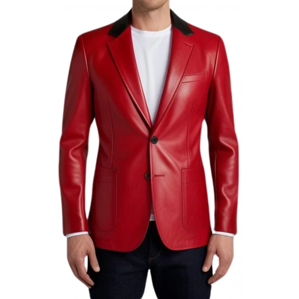 Blazer cuir homme en agneau rouge avec col en cuir noir modèle Norveto