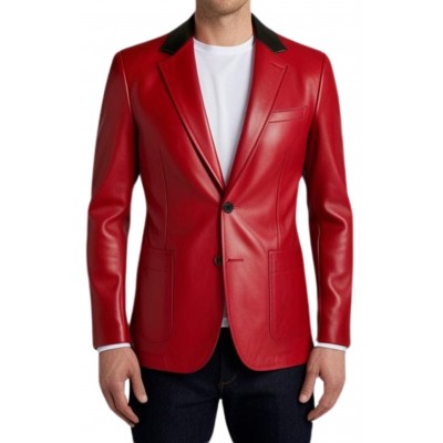 Blazer cuir homme en agneau rouge avec col en cuir noir modèle Norveto