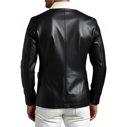 Blazer court cuir homme en agneau noir avec col en cuir blanc modèle Frimace