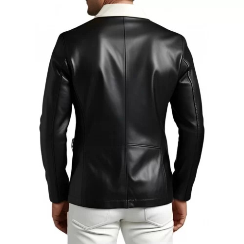 Blazer court cuir homme en agneau noir avec col en cuir blanc modèle Frimace