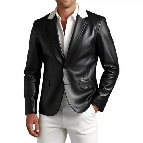 Blazer court cuir homme en agneau noir avec col en cuir blanc modèle Frimace
