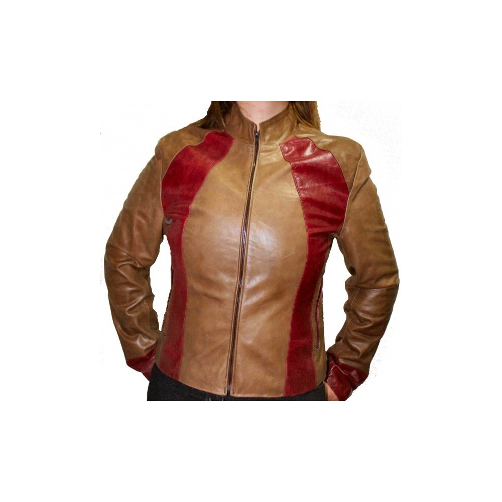 Blouson en cuir de vachette bicolore bordeaux et beige modèle Sole