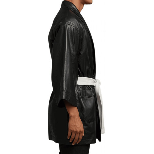 Kimono homme en cuir d'agneau noir avec ceinture en cuir d'agneau blanc amovible modèle Cyrcla