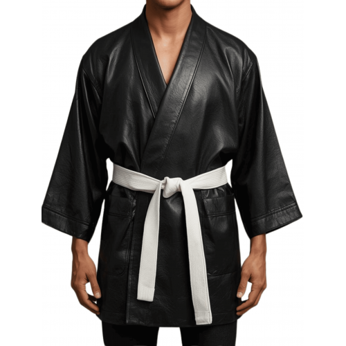Kimono homme en cuir d'agneau noir avec ceinture en cuir d'agneau blanc amovible modèle Cyrcla