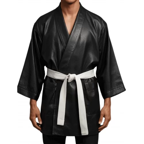 Kimono homme en cuir d'agneau noir avec ceinture en cuir d'agneau blanc amovible modèle Cyrcla
