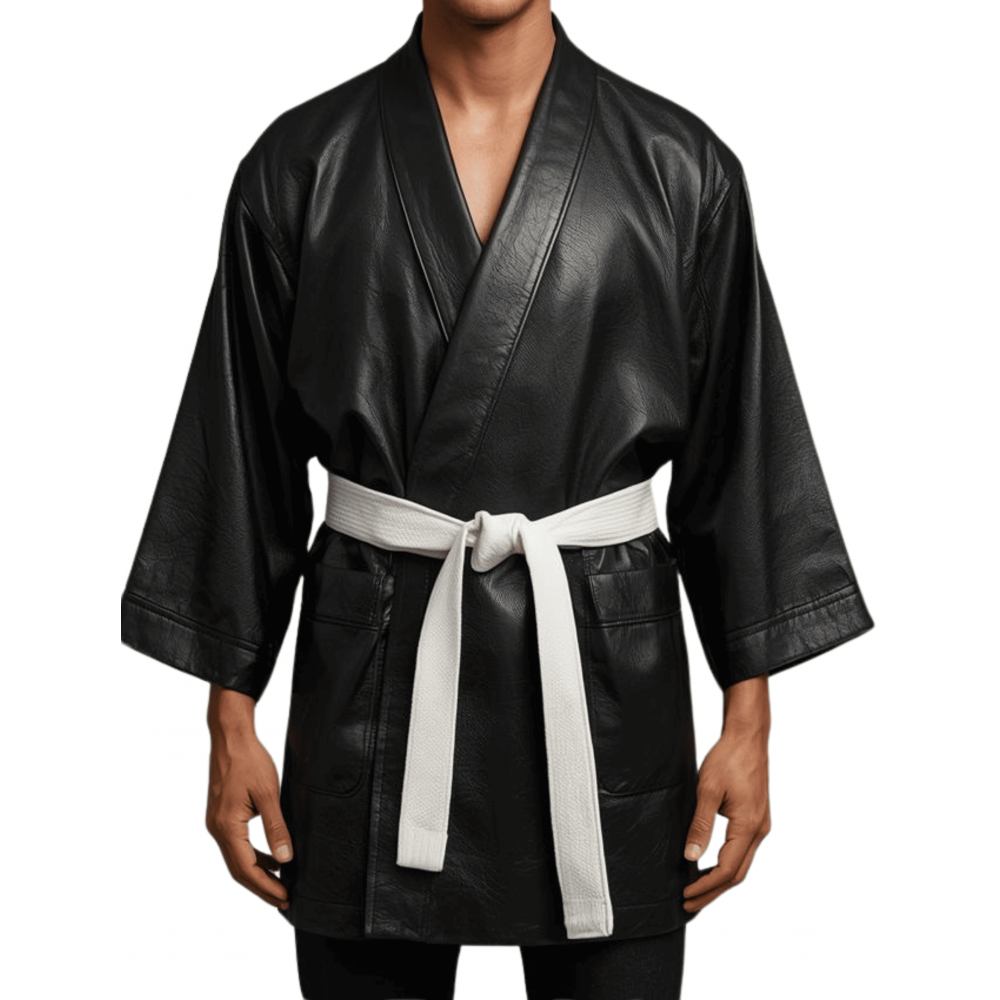 Kimono homme en cuir d'agneau noir avec ceinture en cuir d'agneau blanc amovible modèle Cyrcla