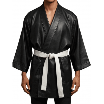 Kimono homme en cuir d'agneau noir avec ceinture en cuir d'agneau blanc amovible modèle Cyrcla