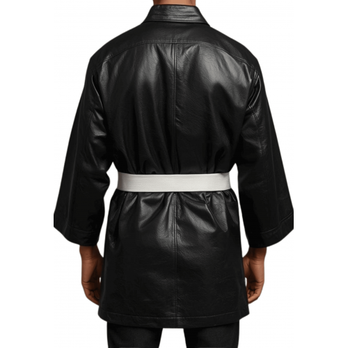 Kimono homme en cuir d'agneau noir avec ceinture en cuir d'agneau blanc amovible modèle Cyrcla