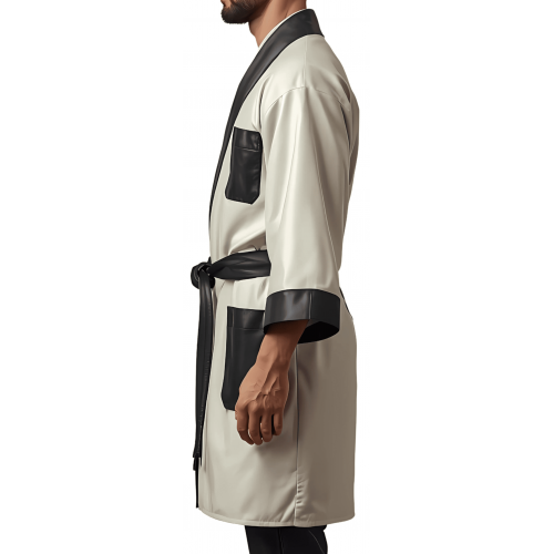 Kimono homme en cuir d'agneau blanc ceinture amovible et poches en cuir d'agneau noir modèle Darkane