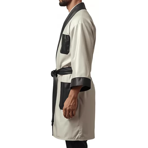 Kimono homme en cuir d'agneau blanc ceinture amovible et poches en cuir d'agneau noir modèle Darkane