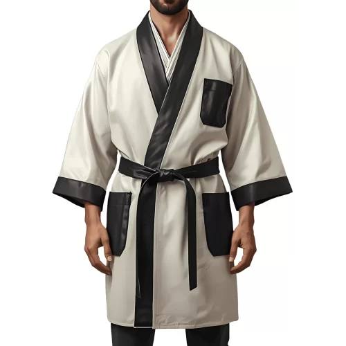 Kimono homme en cuir d'agneau blanc ceinture amovible et poches en cuir d'agneau noir modèle Darkane