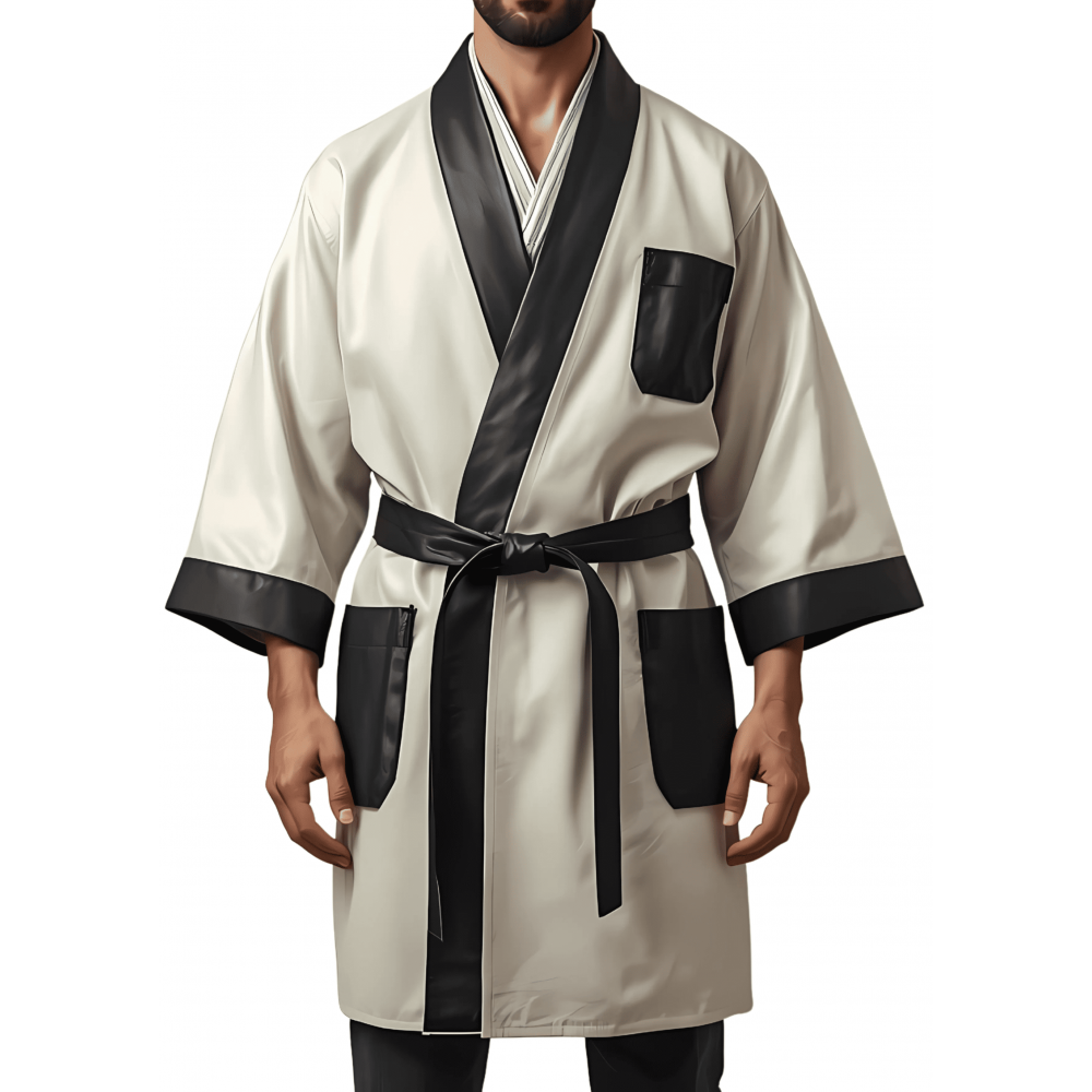 Kimono homme en cuir d'agneau blanc ceinture amovible et poches en cuir d'agneau noir modèle Darkane