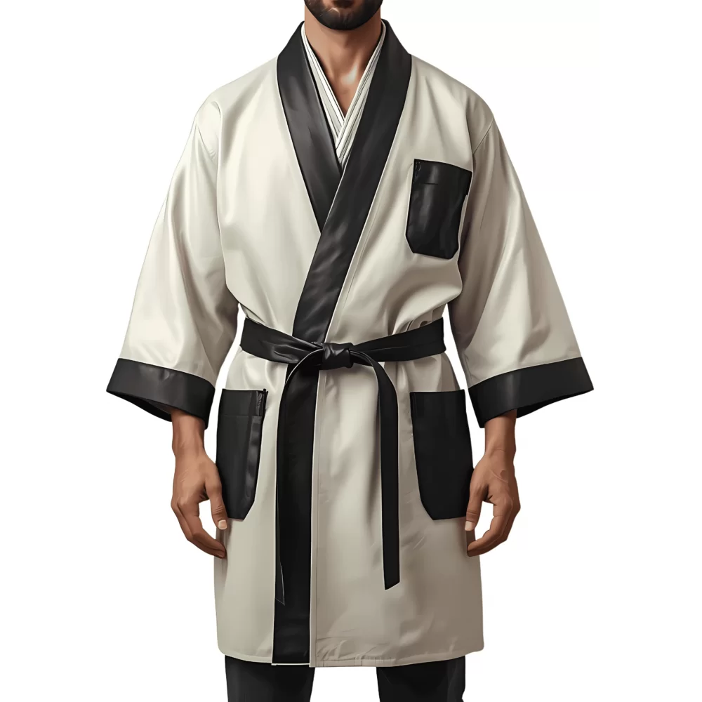 Kimono homme en cuir d'agneau blanc ceinture amovible et poches en cuir d'agneau noir modèle Darkane